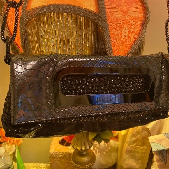 Just Cavalli folding bag in patent faux gray/brown leather with charcoal accents - Picture 10 of 12